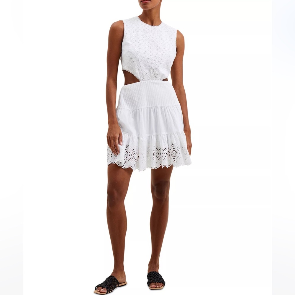 NWT French Connection Esse Cotton Eyelet Cutout Sleeveless A-Line Mini Dress Sz0